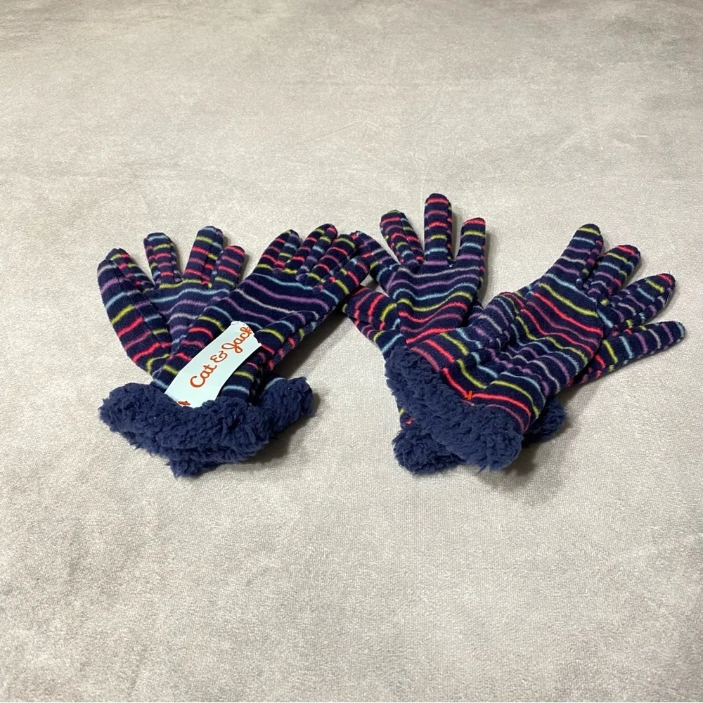 Cat & Jack Girls Winter Gloves Fleece Navy Striped Lot Of 2 Gloves Sz 4-7 8-16